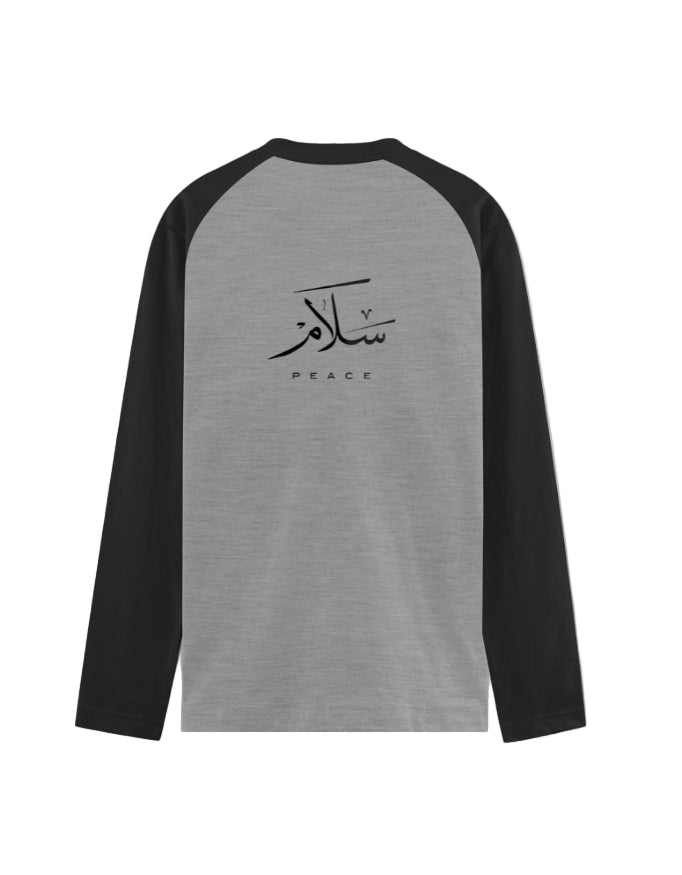 Salam Calligraphy Long Sleeve T-Shirt | Islamic Peace Raglan Tee - zlibaas.shop