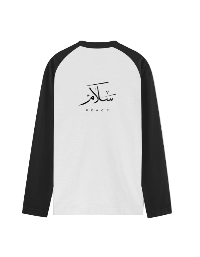 Salam Calligraphy Long Sleeve T-Shirt | Islamic Peace Raglan Tee - zlibaas.shop